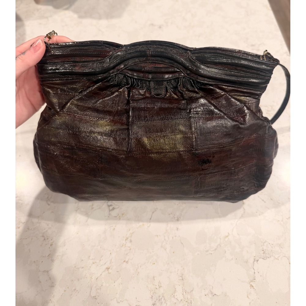 Vintage Genuine Eel Skin Shoulder Bag Mahogany Brown Pleated Crossbody Purse‎